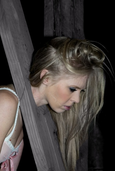 Hottie Sarah Jane Ceylon gets her neck clamped in an upright wooden stock